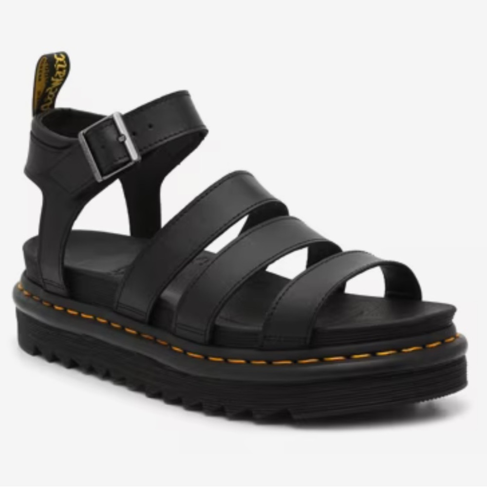 Dr. Martens Black Leather Strappy Platform Sandals with Yellow Stitching
